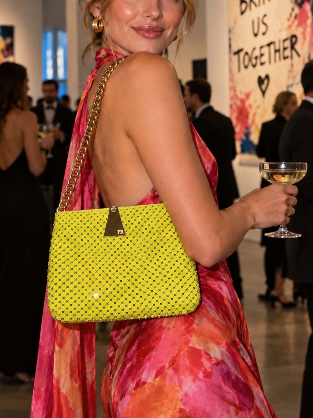 Felix Rey Yellow Metallic / Metal Mesh and Gold Chain Link Purse